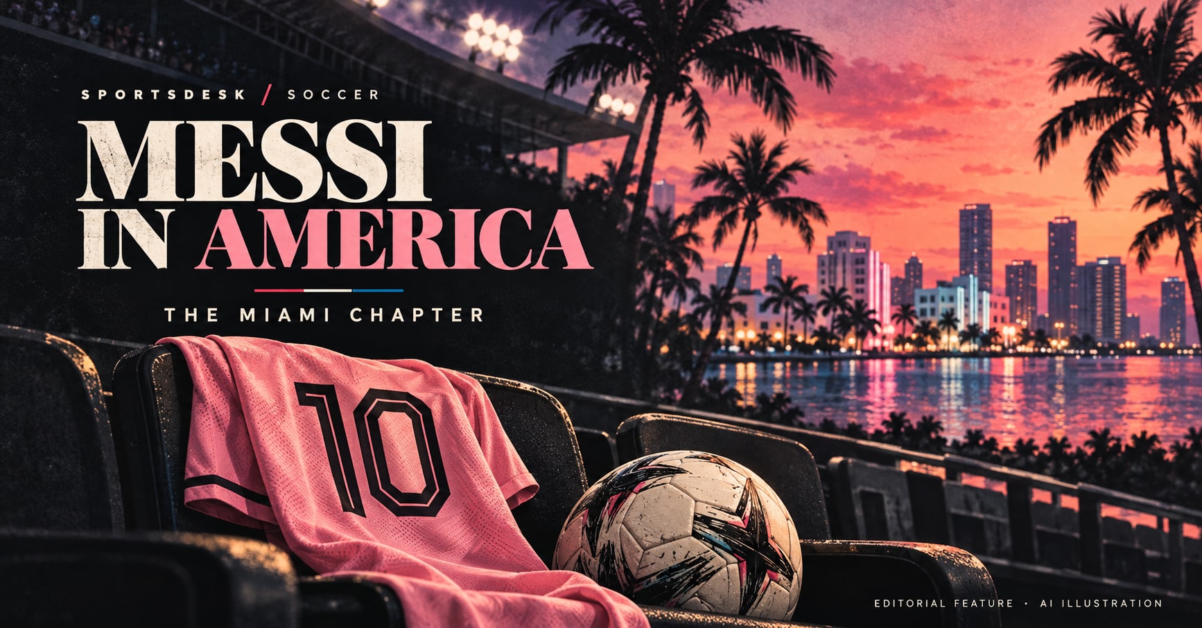 Messi in America editorial poster with a pink number 10 jersey and the Miami skyline